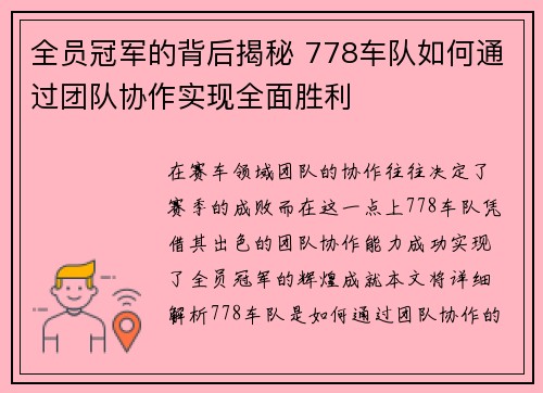 全员冠军的背后揭秘 778车队如何通过团队协作实现全面胜利