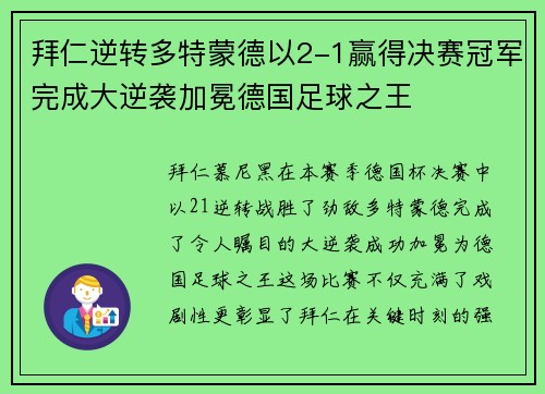 拜仁逆转多特蒙德以2-1赢得决赛冠军完成大逆袭加冕德国足球之王