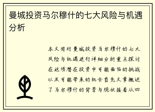 曼城投资马尔穆什的七大风险与机遇分析